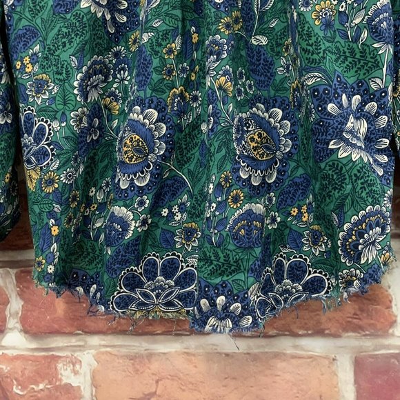 ANTHROPOLOGIE OLIVACEOUS WOMEN'S BLUE & GREEN MULTICOLOR BOHO RAW EDGE BLOUSE - Picture 3 of 7